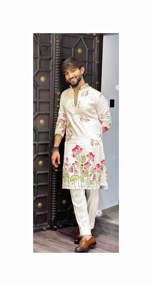 WHITE COW WITH LOTUS PRINTED KURTA SET