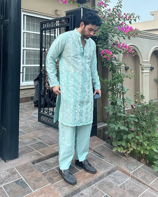 MILKY GREEN EMBROIDERED KURTA PAJAMA SET FOR MEN'S