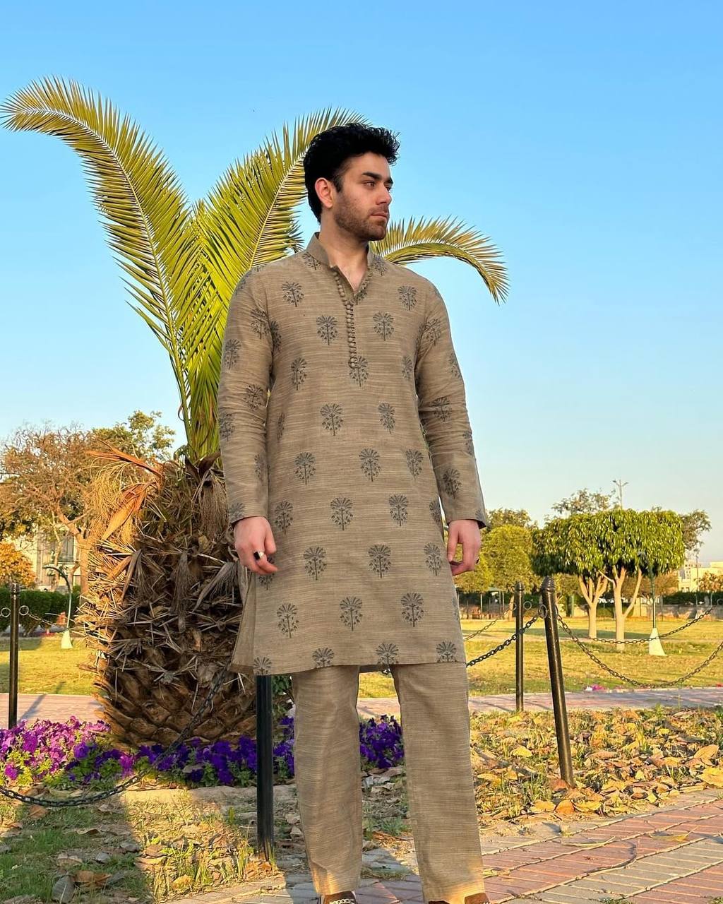 DUSTY GREY BUTTA PRINTED WORK KURTA PAJAMA SET FOR MEN'S