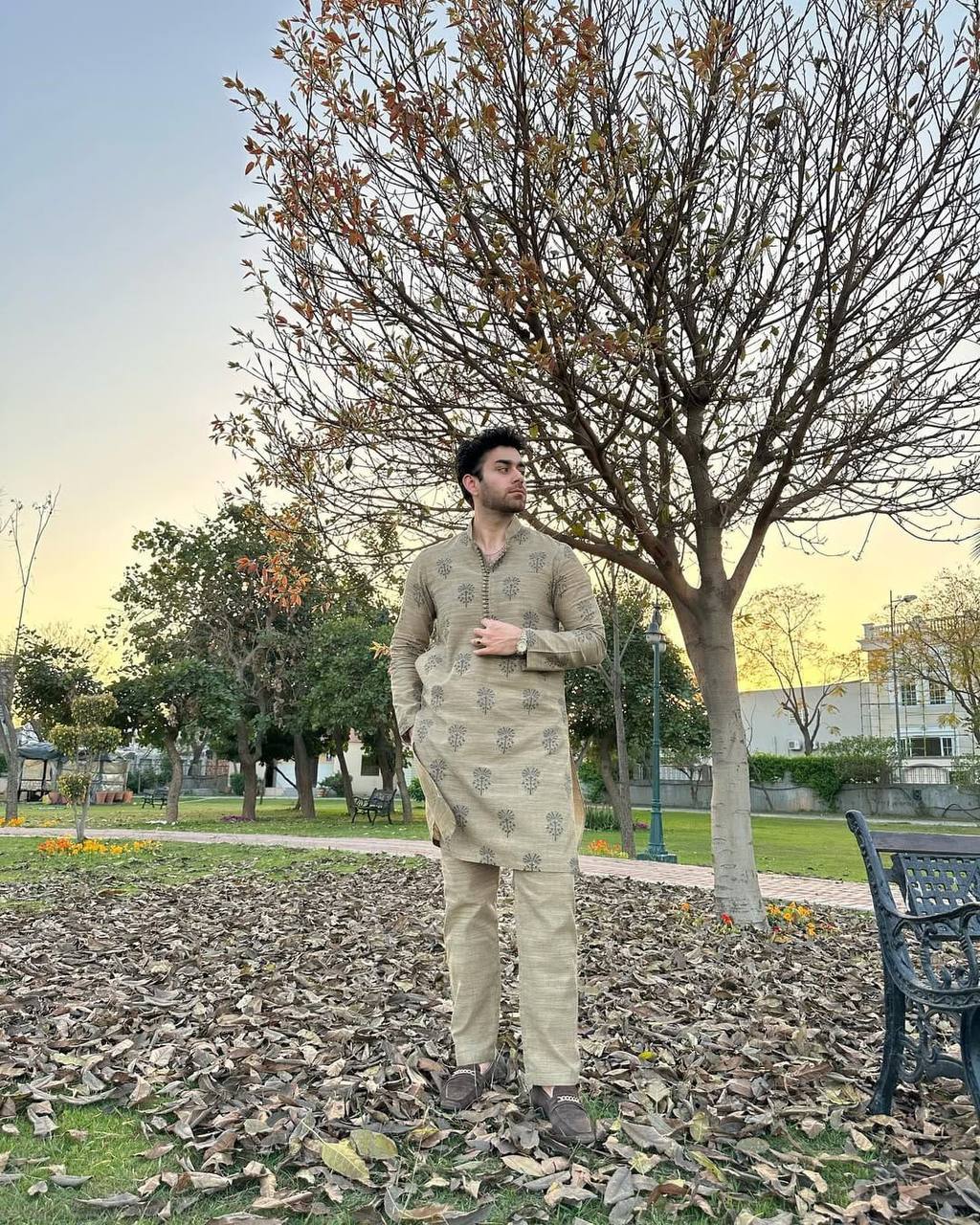 DUSTY GREY BUTTA PRINTED WORK KURTA PAJAMA SET FOR MEN'S