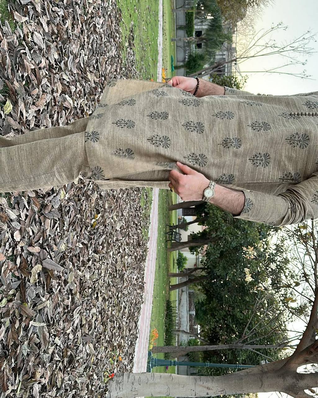 DUSTY GREY BUTTA PRINTED WORK KURTA PAJAMA SET FOR MEN'S