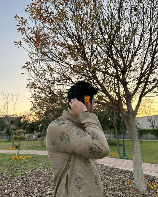 DUSTY GREY BUTTA PRINTED WORK KURTA PAJAMA SET FOR MEN'S