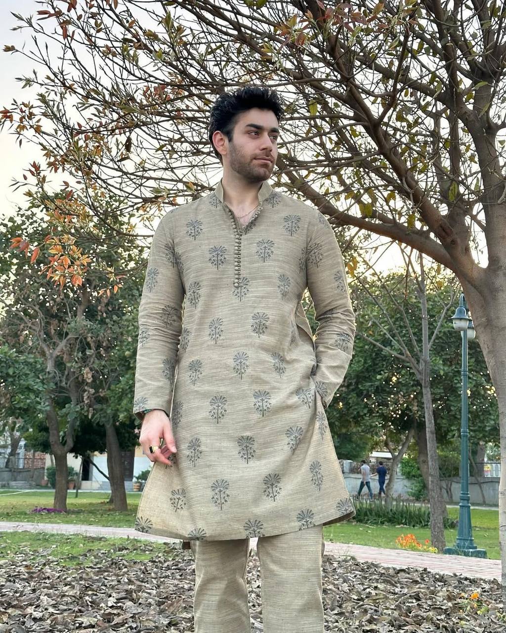 DUSTY GREY BUTTA PRINTED WORK KURTA PAJAMA SET FOR MEN'S