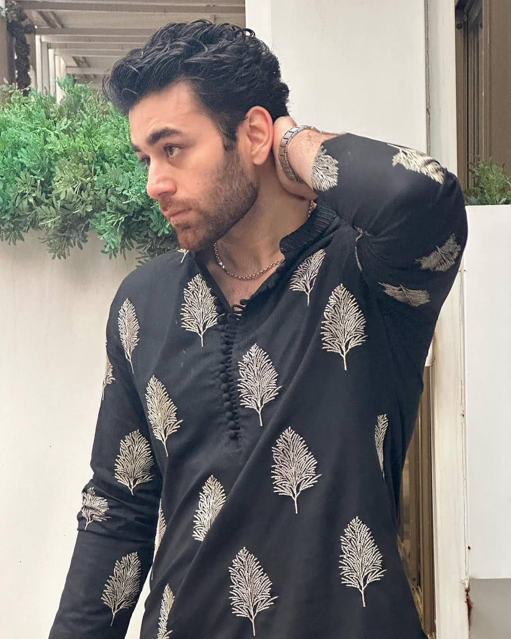 BLACK THREAD EMBROIDERED KURTA WITH PAJAMA FOR MENS