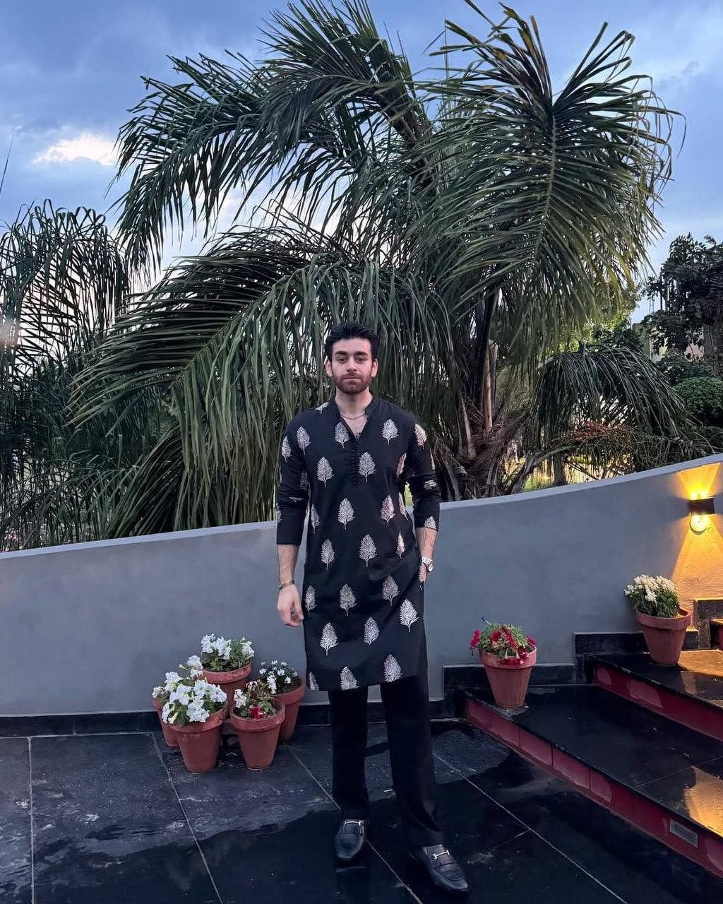 BLACK THREAD EMBROIDERED KURTA WITH PAJAMA FOR MENS