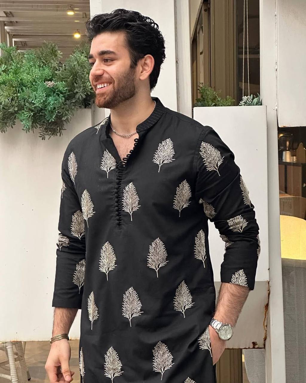 BLACK THREAD EMBROIDERED KURTA WITH PAJAMA FOR MENS