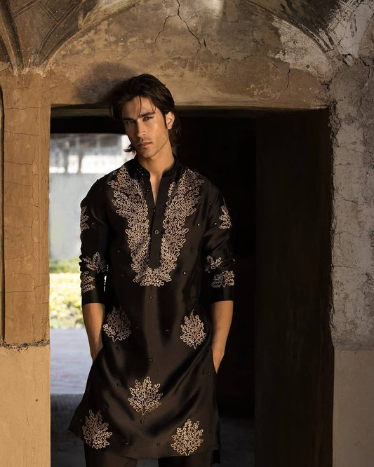 BLACK DORI  AND SEQUNCES WORK KURTA PAJAMA SET FOR MEN'S
