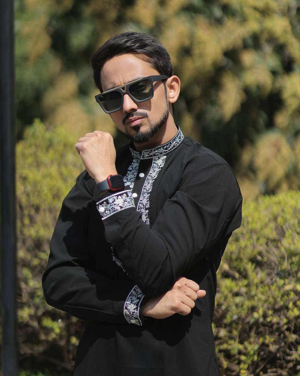 Black Neck Embroidered Work Men's Kurta with Pajama