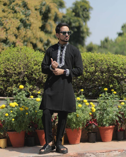 Black Neck Embroidered Work Men's Kurta with Pajama