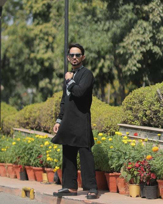 Black Neck Embroidered Work Men's Kurta with Pajama