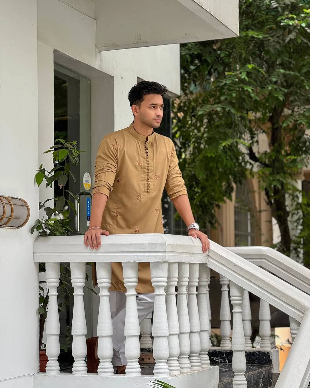 CAMEL COLOR & EMBROIDERED  WORK KURTA PAJAMA SET FOR MEN'S