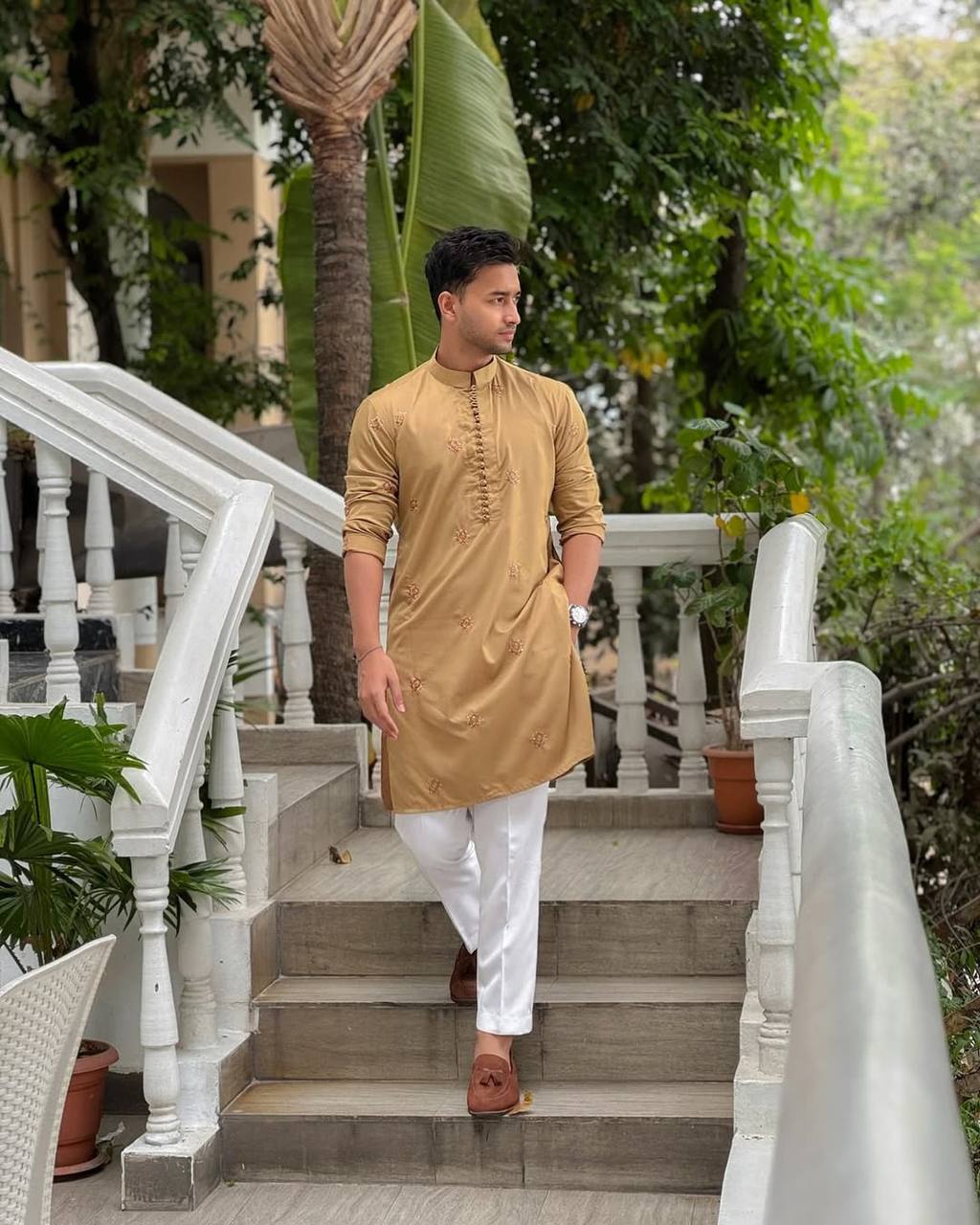 CAMEL COLOR & EMBROIDERED  WORK KURTA PAJAMA SET FOR MEN'S