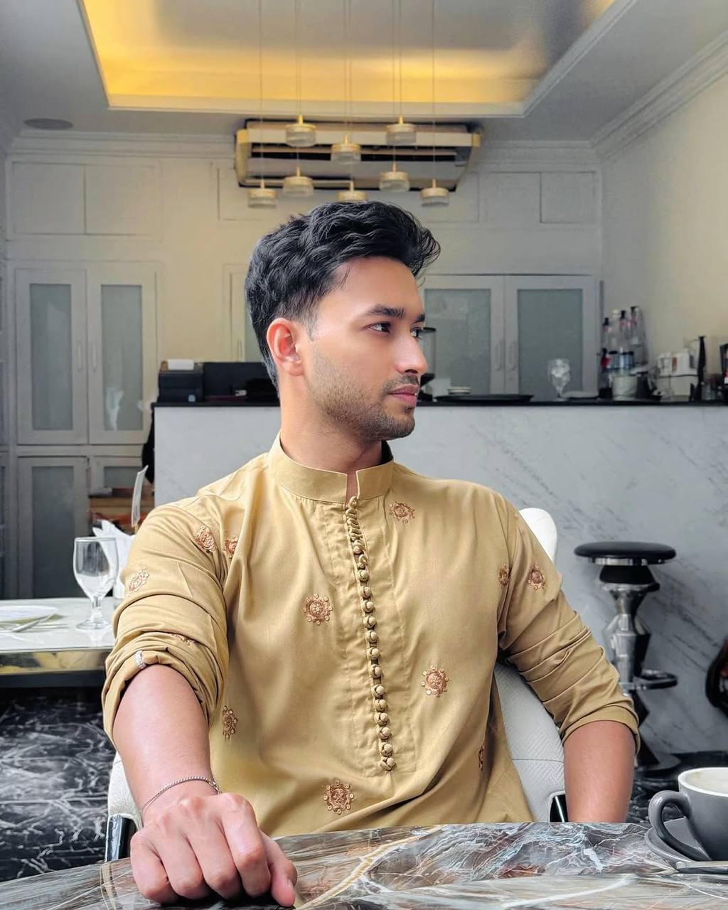 CAMEL COLOR & EMBROIDERED  WORK KURTA PAJAMA SET FOR MEN'S