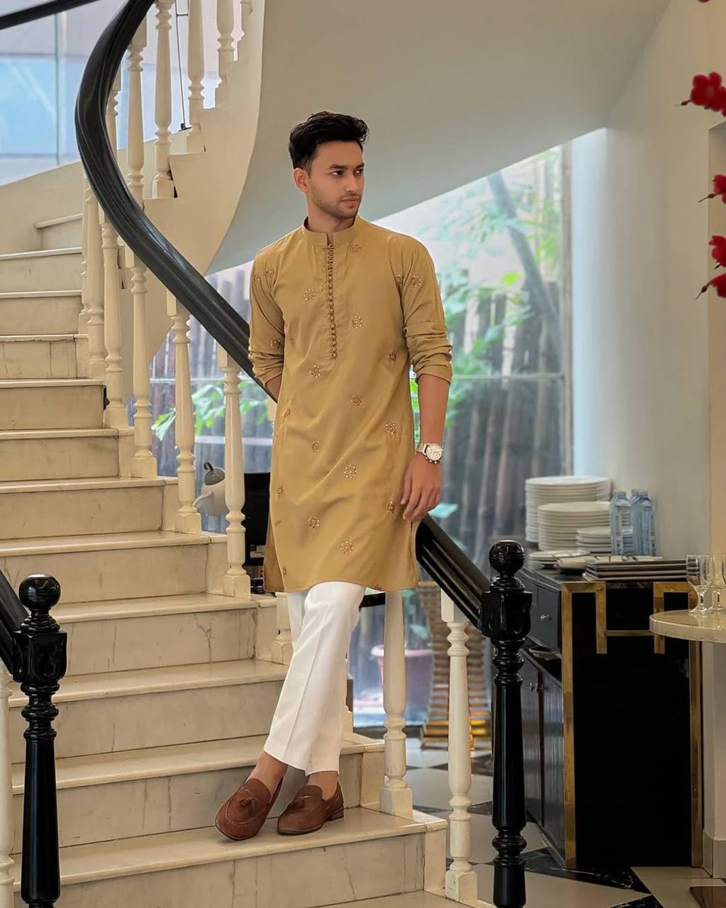CAMEL COLOR & EMBROIDERED  WORK KURTA PAJAMA SET FOR MEN'S
