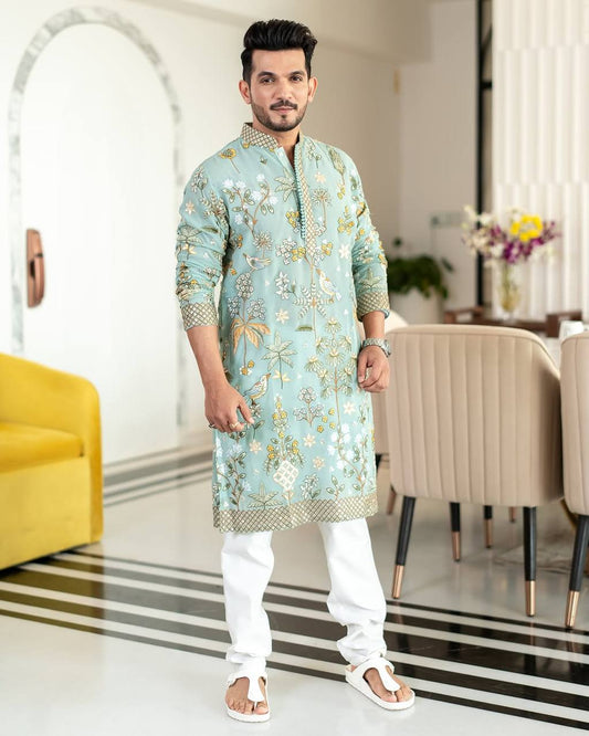 Men's Georgette Persian Embroidered Sea Green & Multi Long Kurta