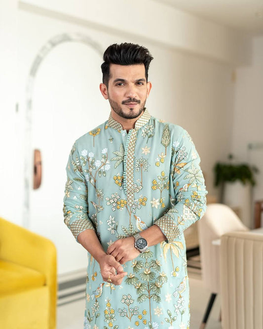 Men's Georgette Persian Embroidered Sea Green & Multi Long Kurta