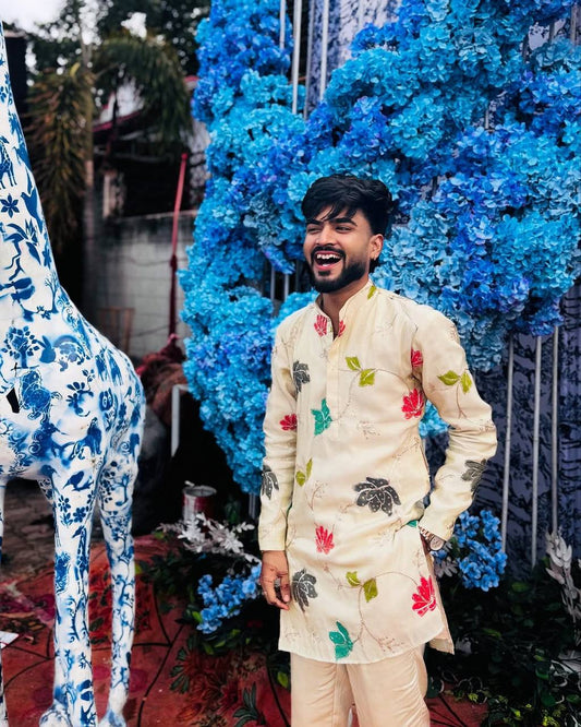 White Multi Flower Embroidered Tissue Kurta pajama set for men's