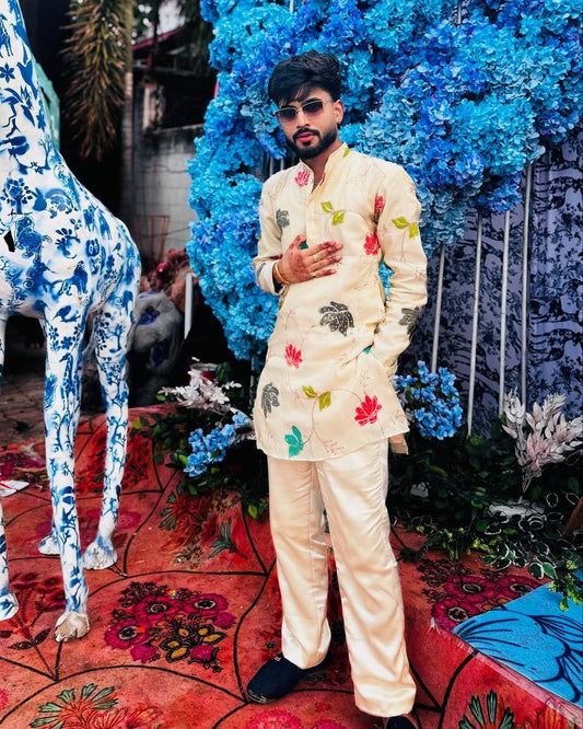 White Multi Flower Embroidered Tissue Kurta pajama set for men's