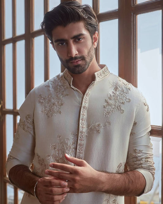 OFF WHITE BUTTA EMBROIDERED WORK KURTA PAJAMA SET