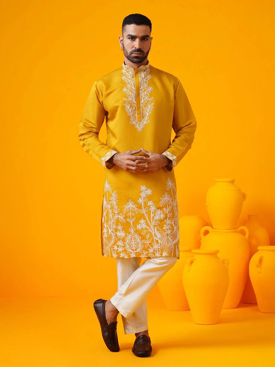 MUSTED YELLOW FLORAL DORI EMBROIDERED KURTA PAJAMA SET