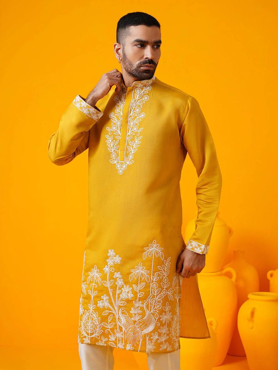 MUSTED YELLOW FLORAL DORI EMBROIDERED KURTA PAJAMA SET