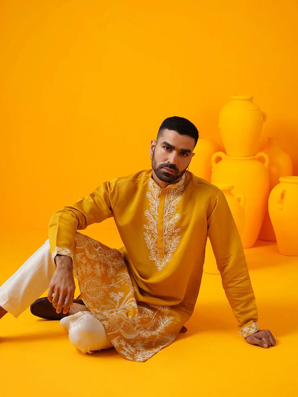 MUSTED YELLOW FLORAL DORI EMBROIDERED KURTA PAJAMA SET