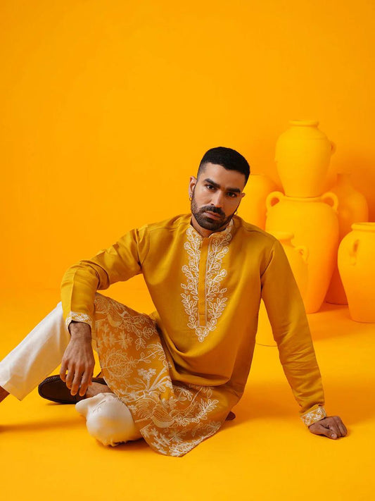 MUSTED YELLOW FLORAL DORI EMBROIDERED KURTA PAJAMA SET
