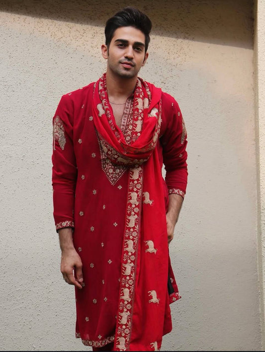 RED  HEAVY JARI EMBROIDERED WORK KURTA PAJAMA AND DUPATTA SET FOR MEN'S