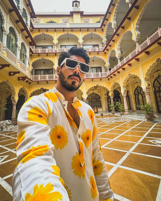 YELLOW SUNFLOWER PRINTED KURTA PAJAMA SET FOR MEN'S