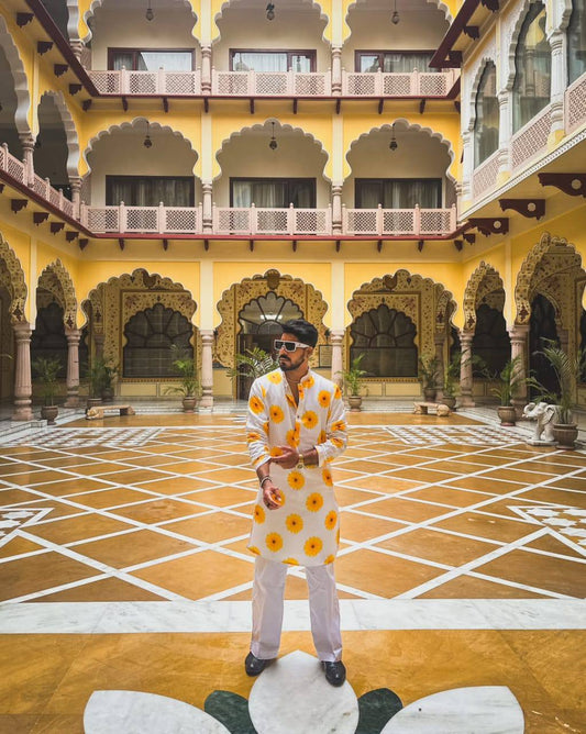 YELLOW SUNFLOWER PRINTED KURTA PAJAMA SET FOR MEN'S