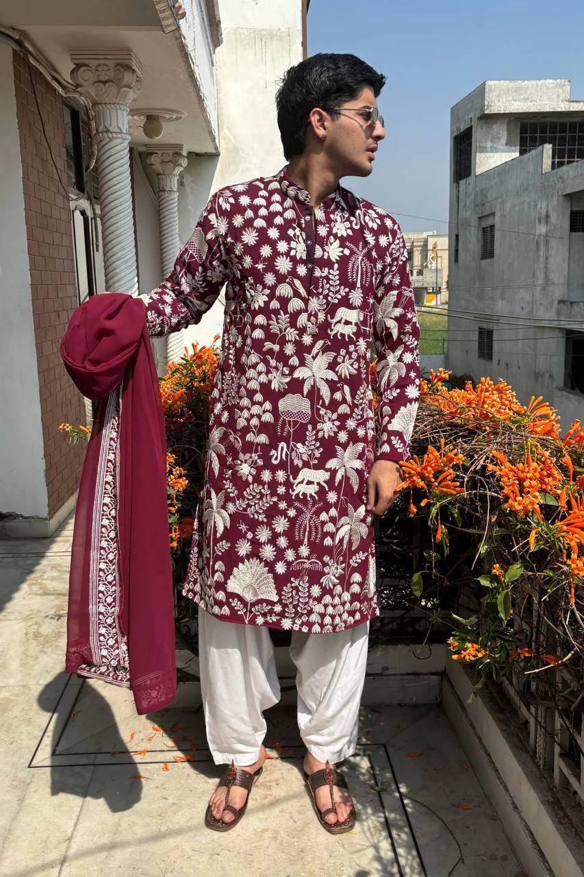 WINE KURTA WITH PANT WITH DUPATTA