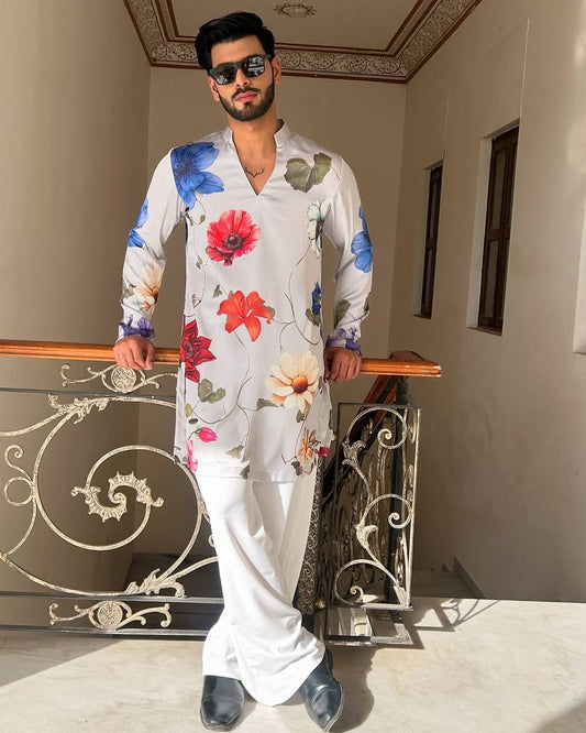 WHITE FLORAL PRINTED KURTA PAJAMA SET