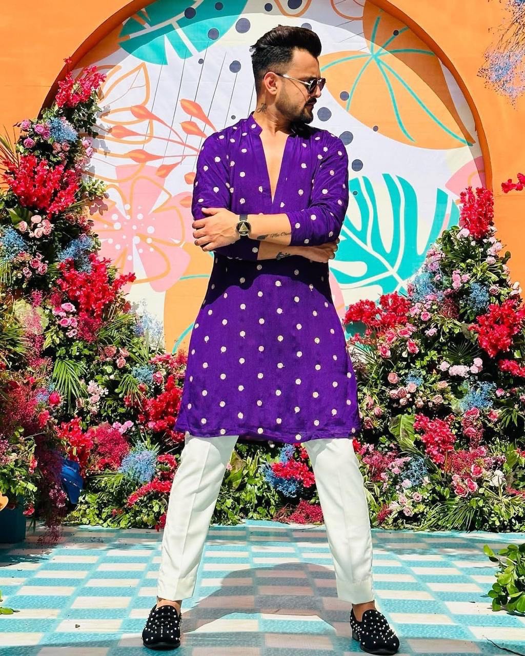 DARK PURPLE BUTTI WORK KURTA PAJAMA SET FOR MEN'S