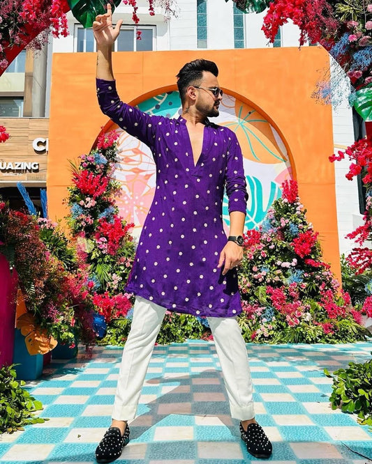 DARK PURPLE BUTTI WORK KURTA PAJAMA SET FOR MEN'S