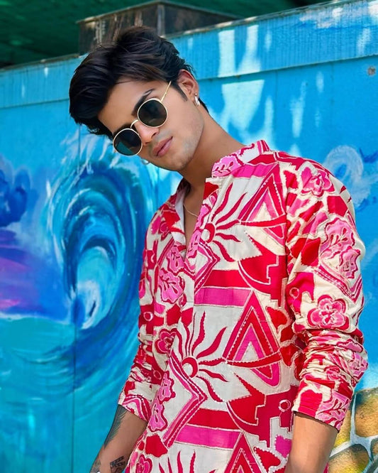 RED AND WHITE PRINTED KURTA PAJAMA SET