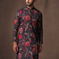 BLACK FLORAL PRINTED KURTA WITH PAJAMA SET FOR MEN