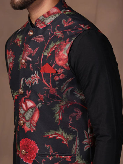 BLACK COTTON BLEND EMBELISHED REGULAR FIT MANDARIN COLLOR  SLEEVELESS