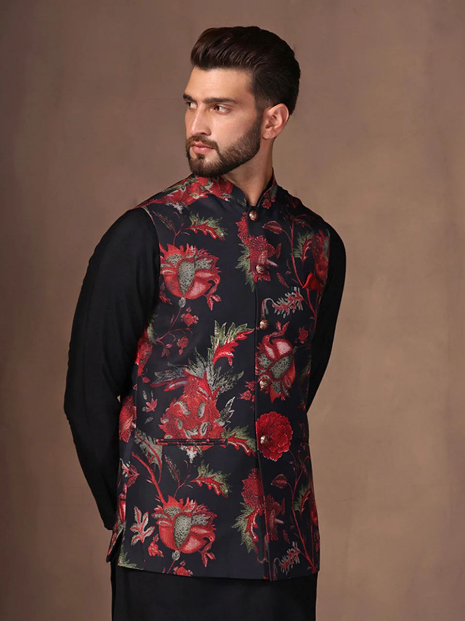 BLACK COTTON BLEND EMBELISHED REGULAR FIT MANDARIN COLLOR  SLEEVELESS