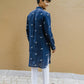 NAVY BLUE DRAGON  FLY EMBROIDERY WORK KURTA WITH PAJAMA SET FOR MENS