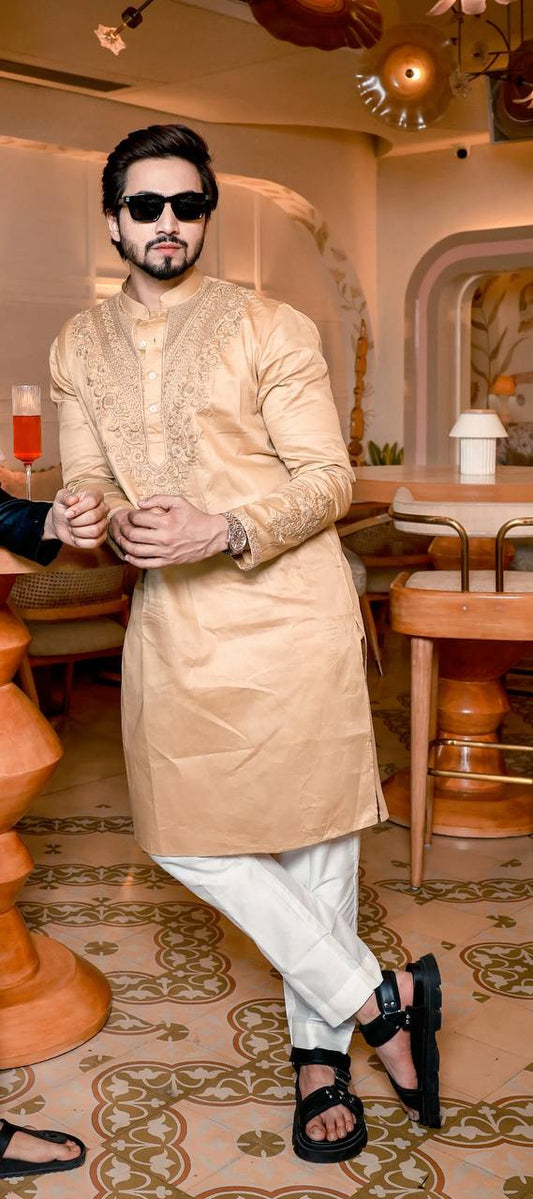 BEIGH NECK FAISU EMBROIDERED KURTA PAJAMA
