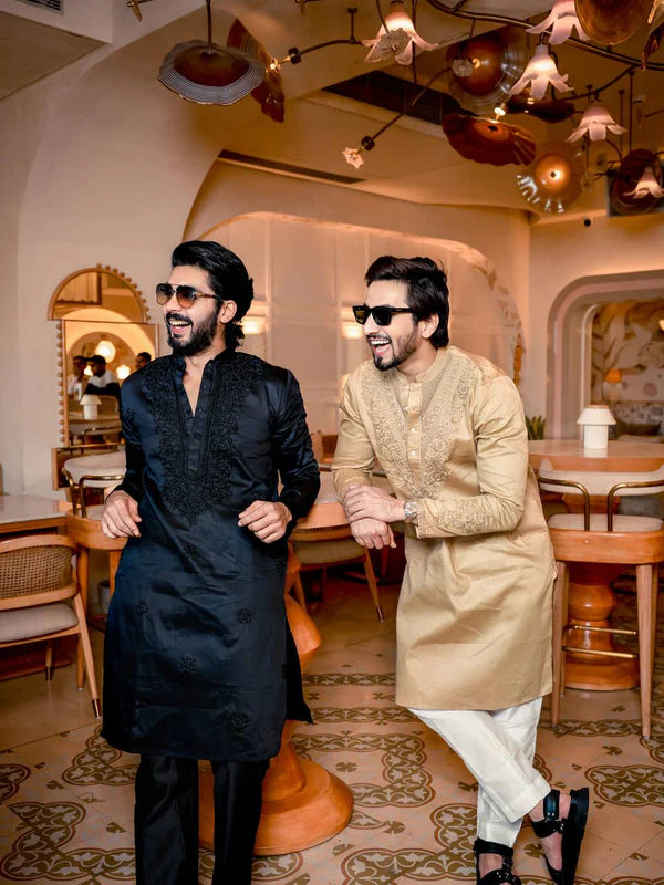 BLACK NECK EMBROIDERD MENS KURTA SET