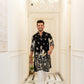 BLACK EMBROIDERED  DAMAN WORK KURTA PAJAMA SET FOR MEN'S