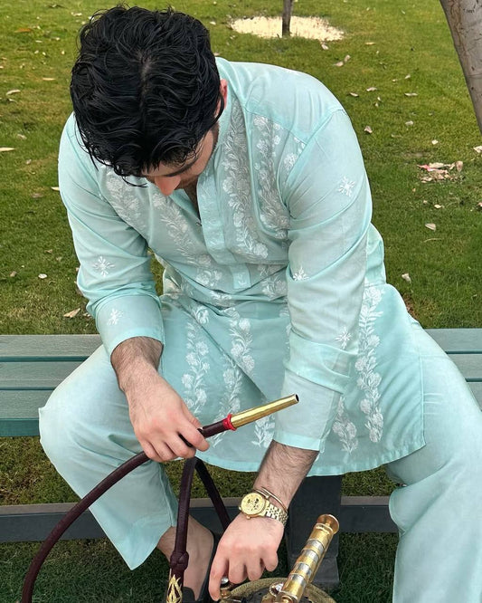 MILKY GREEN EMBROIDERED KURTA PAJAMA SET FOR MEN'S