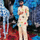 White Multi Flower Embroidered Tissue Kurta pajama set for men's