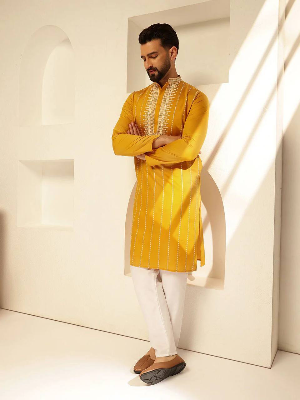 YELLOW ELEGANT NECK EMBROIDEREDKURTA PAJAMA SET FOR MEN'S