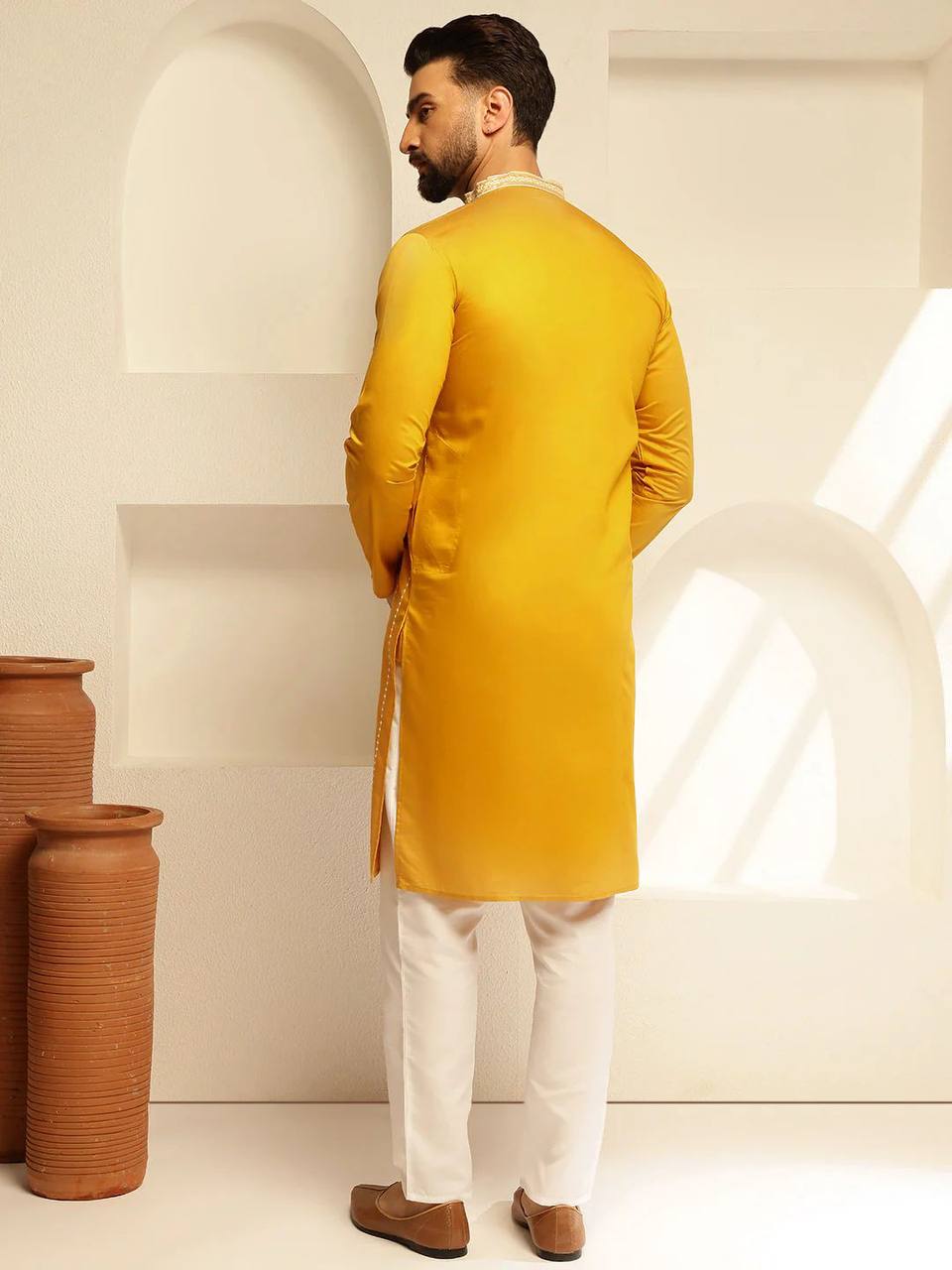 YELLOW ELEGANT NECK EMBROIDEREDKURTA PAJAMA SET FOR MEN'S