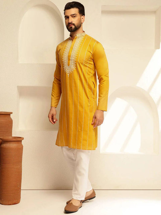 YELLOW ELEGANT NECK EMBROIDEREDKURTA PAJAMA SET FOR MEN'S