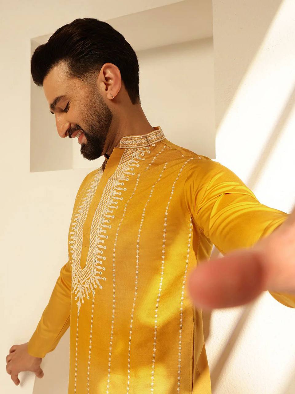 YELLOW ELEGANT NECK EMBROIDEREDKURTA PAJAMA SET FOR MEN'S