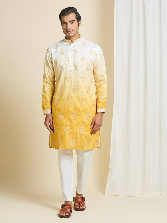 YELLOW & WHITE OMBRE EMBROIDERED WORK KURTA PAJAMA SET FOR MEN'S
