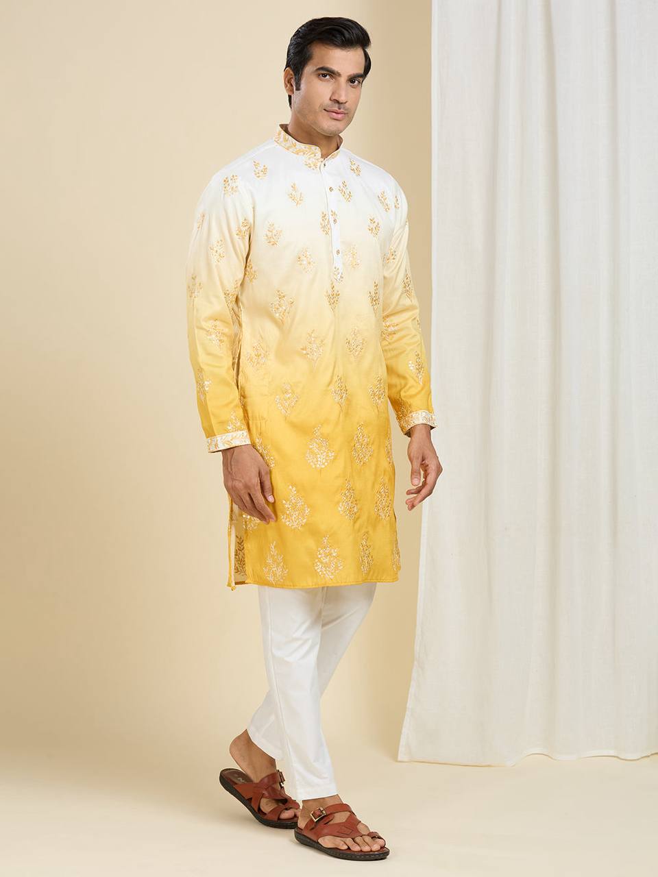 YELLOW & WHITE OMBRE EMBROIDERED WORK KURTA PAJAMA SET FOR MEN'S